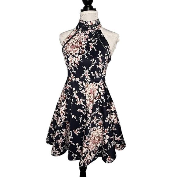B Darlin Floral Halter Fit and Flare Dress Navy Pink Floral Size 9/10 - Picture 2 of 12
